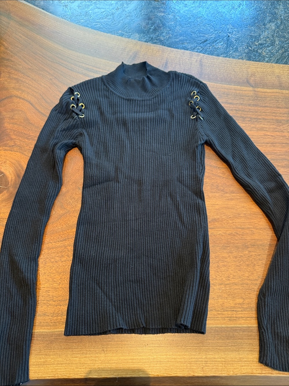 Harve Benard Black Ribbed Mock Neck Lace-Up Shoulder Top